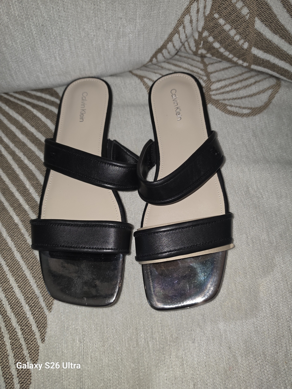 Calvin Klein Black Two-Strap Slide Sandals with Metallic Toe